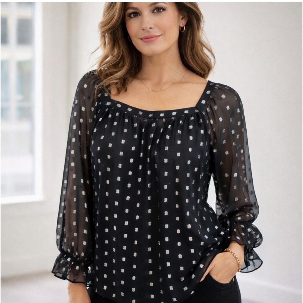Talbots 3X Black Silver Metallic Polka Dot Square Neck‎ flutter sleeve top